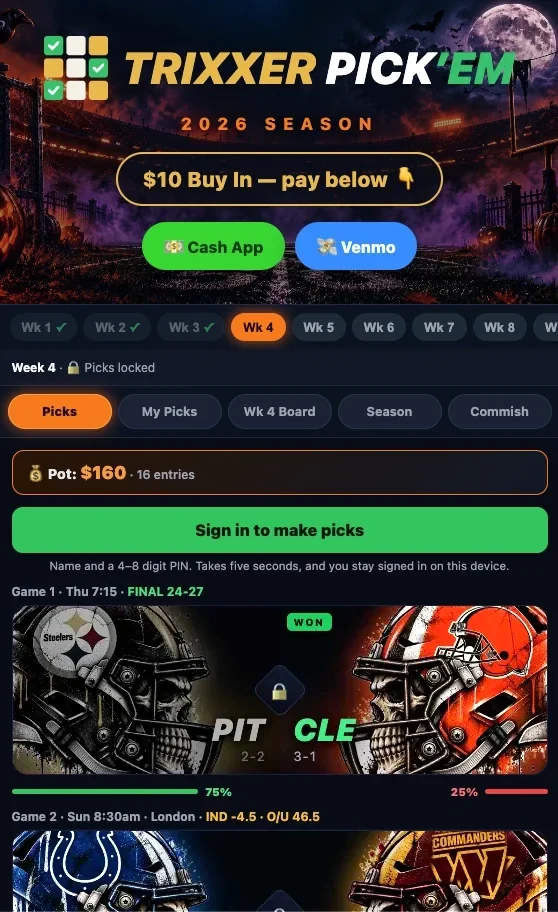 A real pool in the Halloween theme: buy-in and payment buttons, the week picker, the pot, and Thursday's game graded final with the pool's pick split