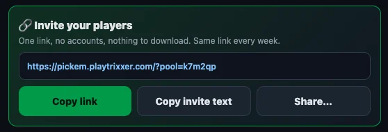 Invite your players: one link, no accounts, nothing to download, with Copy link, Copy invite text and Share buttons