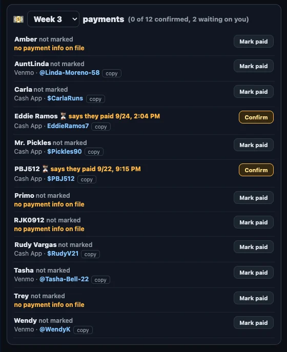 Weekly payments list: each player's payment method and handle, who says they paid and when, with Mark paid and Confirm buttons