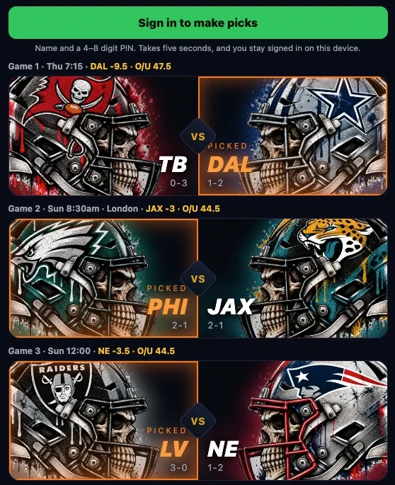 Making picks: three games with kickoff times, records, the line and over/under, and the picked team glowing on each