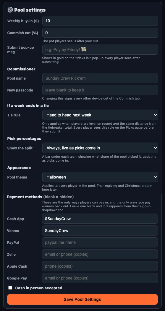 Pool settings: weekly buy-in, commissioner cut, pop-up message, pool name, tie rule, pick percentages, theme, and which payment methods players can use
