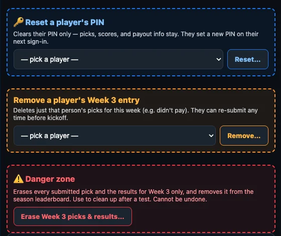 Commissioner tools: reset a player's PIN, remove one player's entry for the week, and erase a week's picks and results